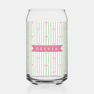 Verre Canette Nœud Rose Personnalisé Rayure Verte Coquette Prépa