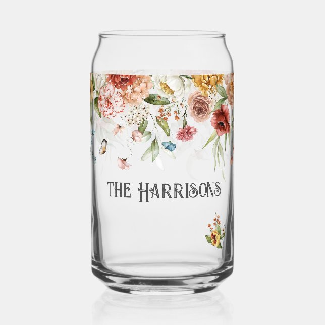 Verre Canette Nom de famille sur Red Gold Peonies Floral Drop (Recto)