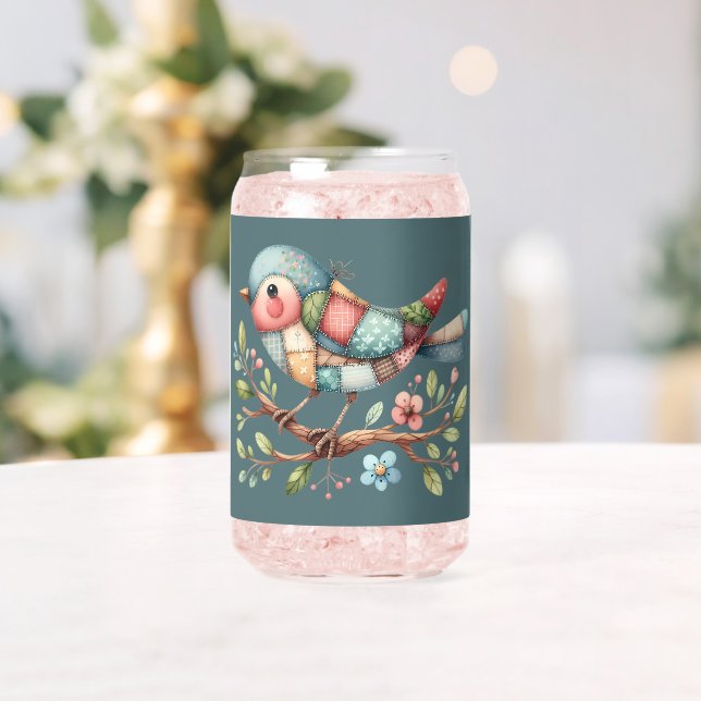 Verre Canette Oiseau chanteur patchwork sur branche fleurie (Insitu (Mariage))