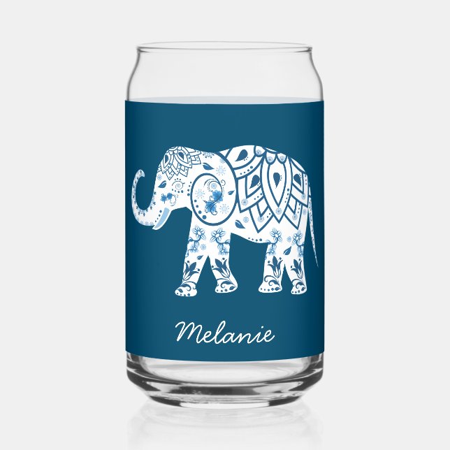 Verre Canette Ornate Patterned Blue Elephant Personalised (Recto)