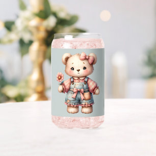 Verre Canette Ours en peluche pastel tenant une fleur et portant