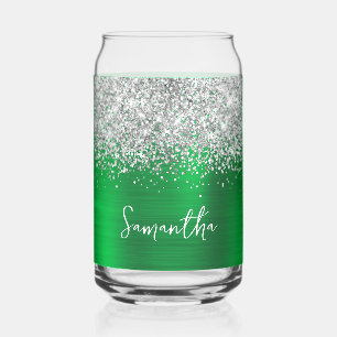 Verre Canette Pailleté Argent Vert Clair Nom Glamour