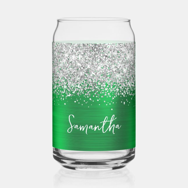 Verre Canette Pailleté Argent Vert Clair Nom Glamour (Recto)