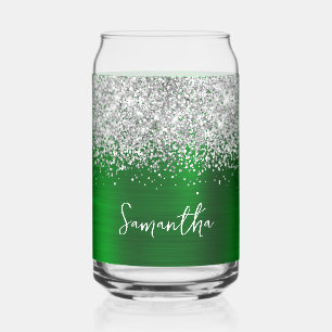 Verre Canette Pailleté Argent Vert Glamour Nom