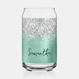 Verre Canette Paillettes Argentées Clair Turquoise Glam Nom