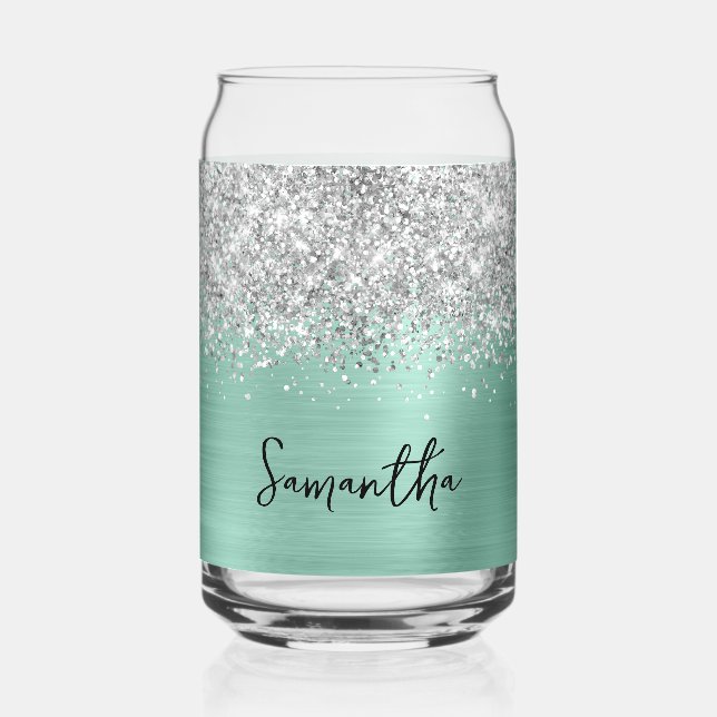 Verre Canette Paillettes Argentées Clair Turquoise Glam Nom (Recto)