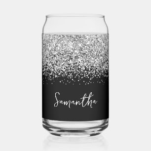 Verre Canette Paillettes Glam Argent sur Fond Noir