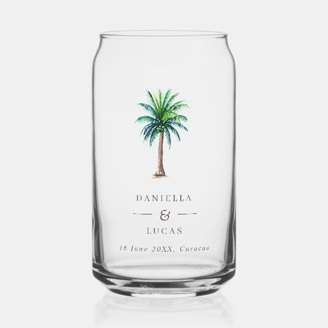 Verre Canette Palm Tree Destination Mariage Noms et Date (Recto)