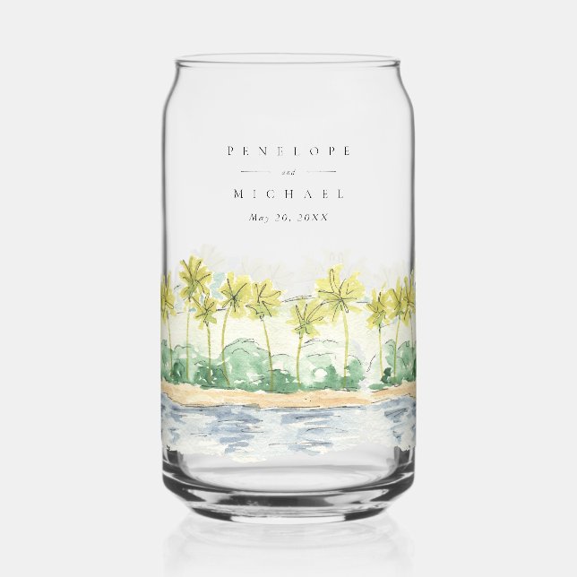 Verre Canette Palm Trees Watercolor Plage Mariage tropical (Recto)