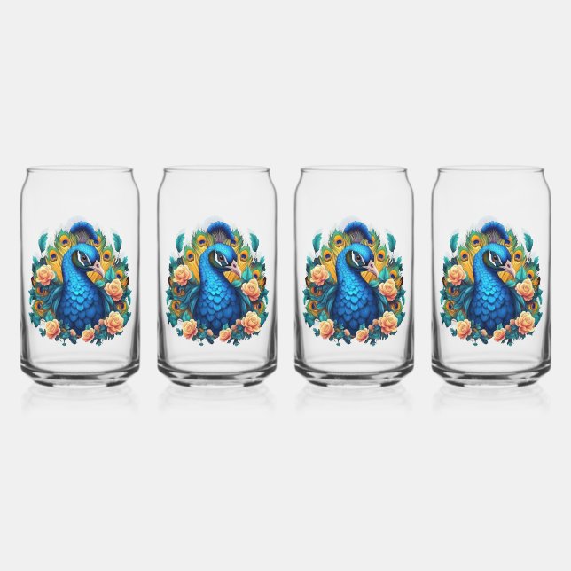Verre Canette Paon avec roses pêche (Recto)