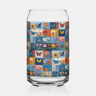 Verre Canette Papillon Coloré et Fleurs Sauvages Patchwork