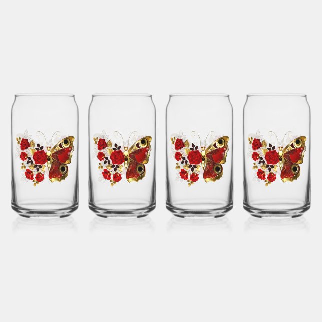 Verre Canette Papillon de fleurs rouges aux roses rouges (Recto)