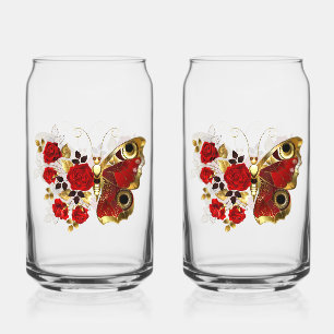 Verre Canette Papillon de fleurs rouges aux roses rouges