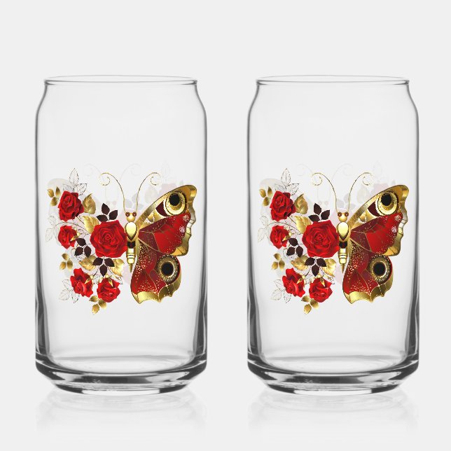 Verre Canette Papillon de fleurs rouges aux roses rouges (Recto)