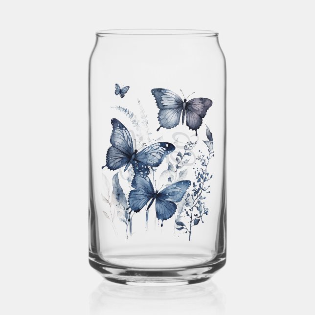Verre Canette Papillons d'art Delft bleu et blanc avec fleurs (Recto)
