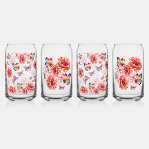 Verre Canette Papillons et fleurs de pavot