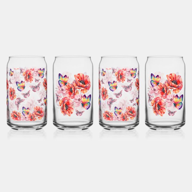 Verre Canette Papillons et fleurs de pavot (Recto)