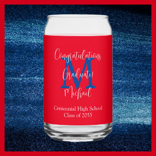 Verre Canette Parti de graduation Rouge Blanc Bleu Monogramme No