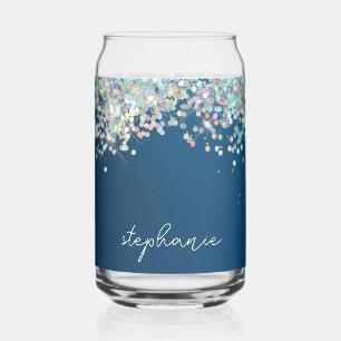 Verre Canette Parties scintillant Bleue Monogramme Holographique