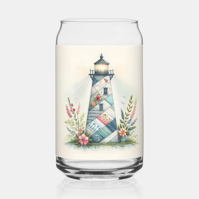 Verre Canette Patchwork Lighthouse Coastal Floral Scene (Verso)