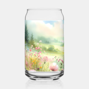 Verre Canette Paysage de prairie fleurie aux couleurs pastel