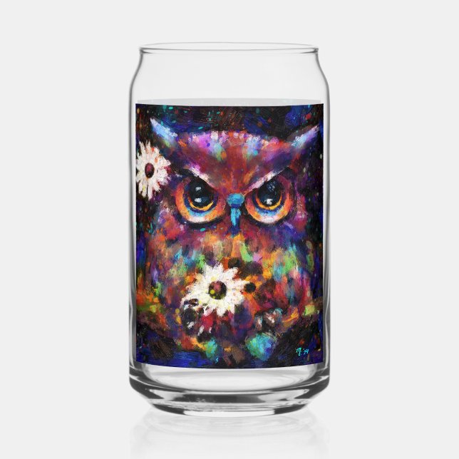 Verre Canette Peinture de Chouette florale impressionniste (Recto)