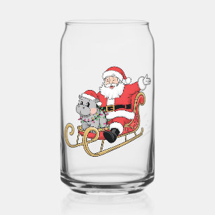 Verre Canette Père Noël Riding Sleigh avec Moo Deng Baby Hippo