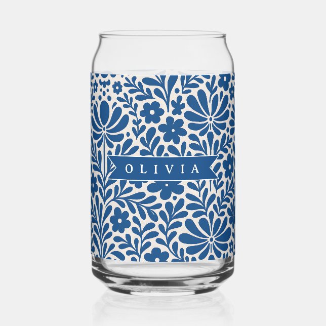 Verre Canette Personalized Blue Folk Floral Nordic Custom (Recto)