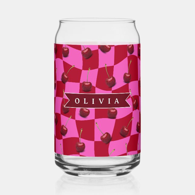 Verre Canette Personalized Cherry Gingham Retro Custom Name (Recto)