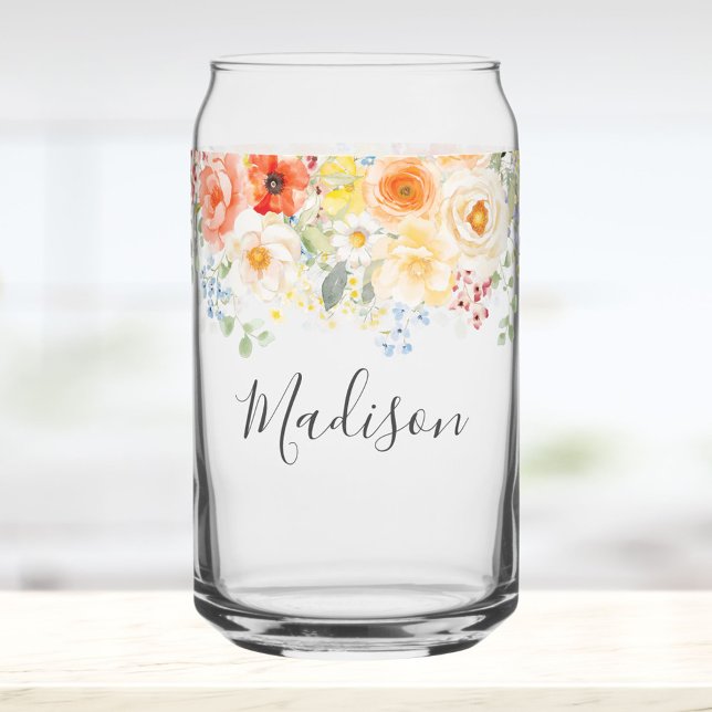 Verre Canette Personalized Name Monogram Watercolor Sunny Floral (Créateur téléchargé)