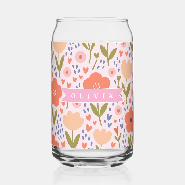 Verre Canette Personalized pink nordic cute folk floral pattern (Recto)