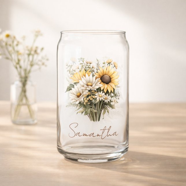 Verre Canette Personalized Summer Daisy Bouquet with Name (Créateur téléchargé)