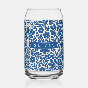 Verre Canette Personnalisé Floral Folklorique Bleu Nordique Sur