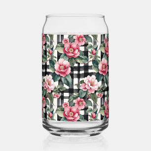 Verre Canette Plaqué noir et blanc avec Camellias rose feuillus