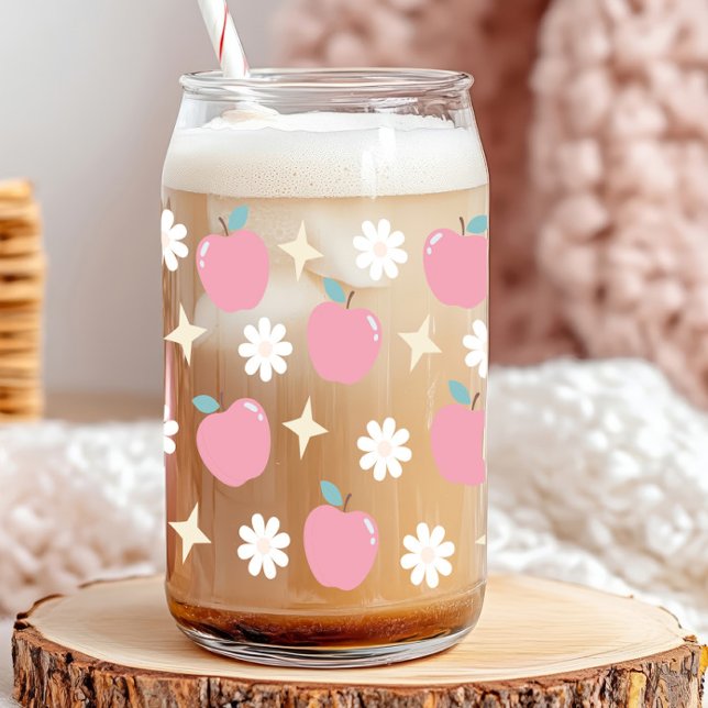 Verre Canette Pommes et marguets (apples, daisies and sparkles cute retro 
glass can)