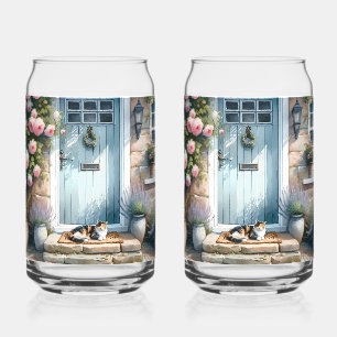 Verre Canette Porche Floral Cottagecore avec Chat Calicot