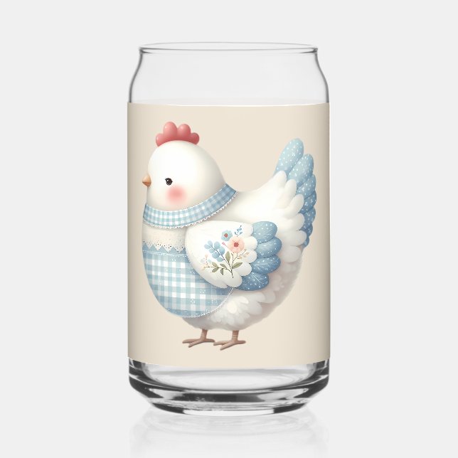 Verre Canette Poule de Cottage en Vichy Bleu (Recto)
