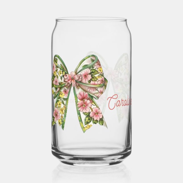 Verre Canette Preppy Pink and Green Floral Bow Personalized (Verso)