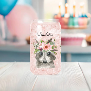 Verre Canette Raccoon de Boho mignon avec couronne de fleurs et