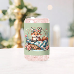 Verre Canette Renard floral en panier avec courtepointe et fleur