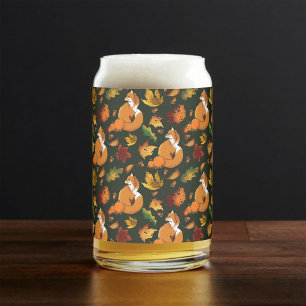 Verre Canette Renard roux Feuilles d'automne Glands Motif vert