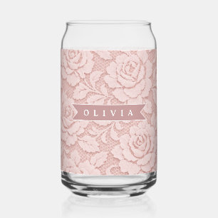 Verre Canette Rose personnalisé en dentelle fleurie romantique