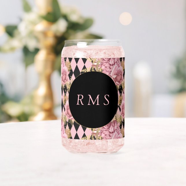 Verre Canette Roses roses sur monogramme Harlequin   (Insitu (Mariage))