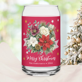 Verre Canette Rouge Floral Joyeux Noël Nom de Famille
