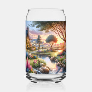 Verre Canette Ruisseau de jardin de cottage au coucher du soleil