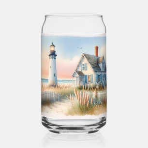 Verre Canette Scène aquarelle d'un phare et d'un cottage au bord