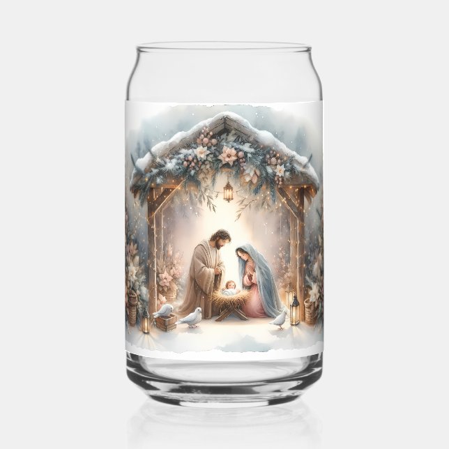 Verre Canette Scène de la Nativité rustique avec fleurs d'hiver (Recto)