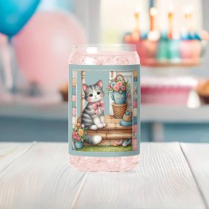 Verre Canette Scène de patchwork floral avec un chat sur une vér