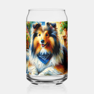 Verre Canette Shetland Sheepdog dans une scène de jardin de cott
