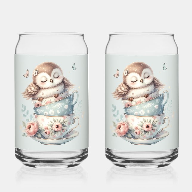 Verre Canette Sleeping Owl in Stacked Floral Teacups (Recto)